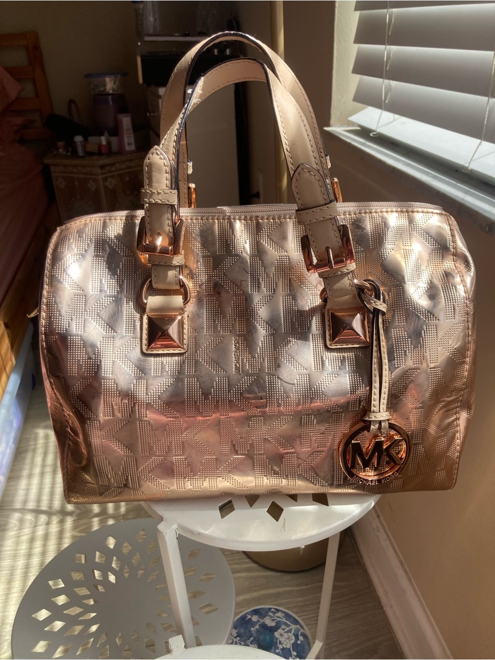 Michael Kors Metallic Rose Gold Logo Satchel